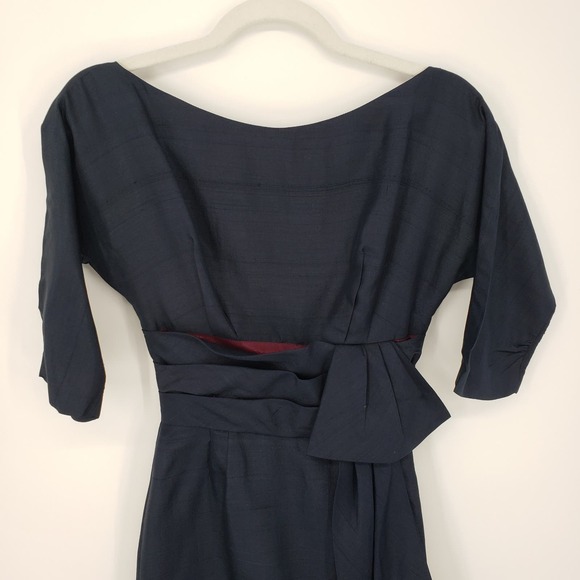 Vintage Miss Elliette Silk Shantung Wiggle Dress 00 Sheath Belted Bateau Navy - Picture 4 of 9